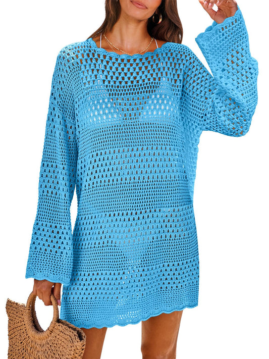ANRABESS Women Swimsuit Crochet Swim Cover Up 2024 Summer Bathing Suit Swimwear Mesh Knit Beach Dress Vacation Outfits Blue Small