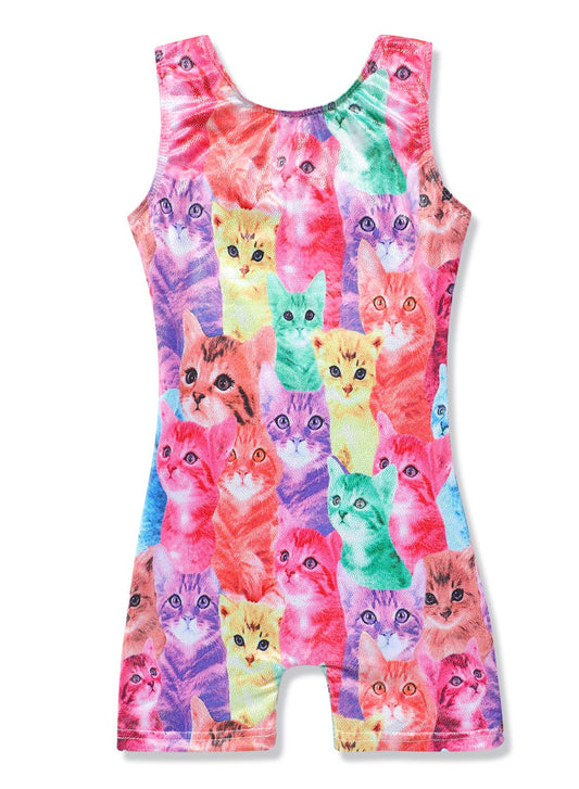 Leotards for Girls Gymnastics Unicorn Athletic Dance Wear Shiny Rainbow Blue Hotpink (Colorful Cat, 3-4T)