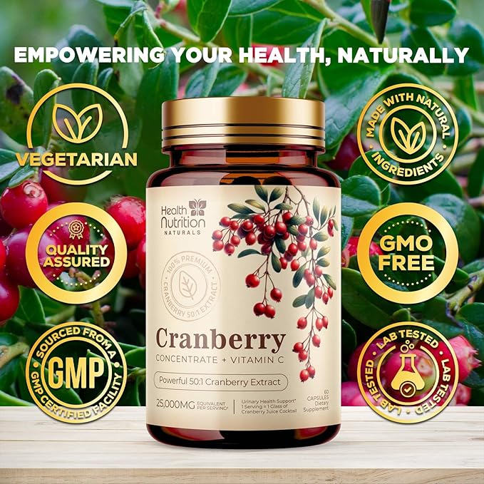 Cranberry Supplement Pills + Vitamin C - Made with 25,000mg Cranberry Concentrate Whole Fruit Extract to Help Cleanse & Support Urinary Tract Health, Sugar Free for Women & Men, Non-GMO, 60 Capsules
