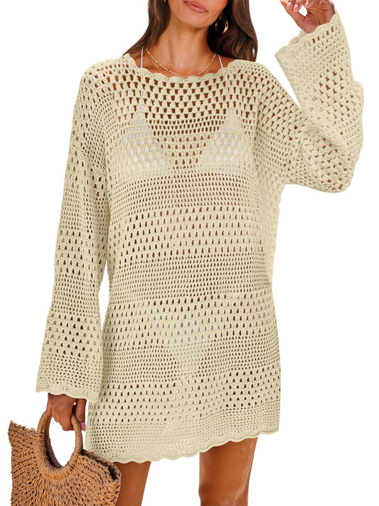 ANRABESS Women Swimsuit Crochet Swim Cover Up 2024 Summer Bathing Suit Swimwear Mesh Knit Beach Dress Vacation Outfits Beige Small