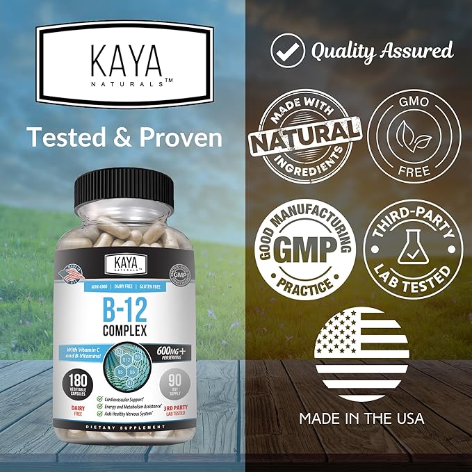 Kaya Naturals B-12 Complex | Multivitamin Supplement for Women & Men | Energy and Metabolism Booster | Vitamin Supplement with Biotin, Choline, Inositol, Folate, and Vitamin C – 180 Count