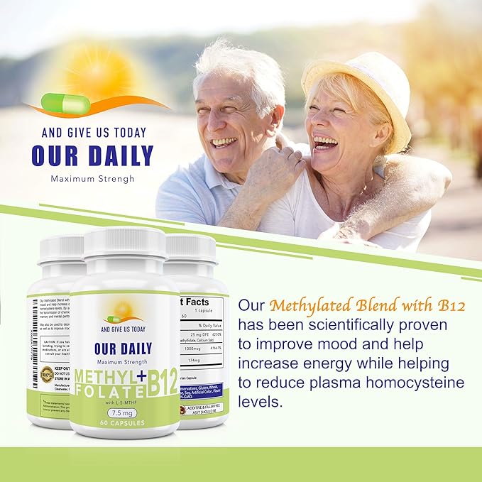 L-Methylfolate 7.5 mg + B 12 (1000 mcg) - 60 Capsules - Methylated & Glycine - Boost Mood, Energy & Memory - Immune Support & VItamin Supplement for Men & Women - Non-GMO, Vegetarian Capsules