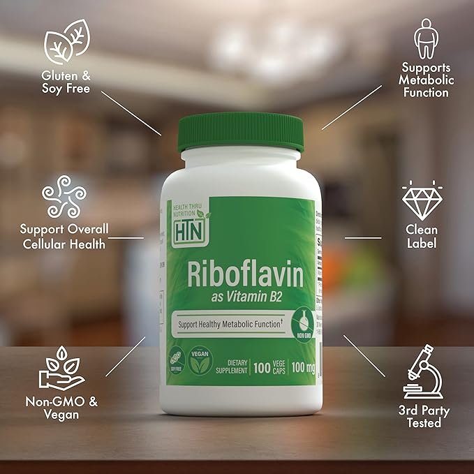 Health Thru Nutrition Riboflavin 100mg Vitamin B2 100 Vegecaps | Supports Healthy Energy Metabolic Function & Nervous System | 3rd Party Tested | Non-GMO Soy & Gluten Free Hypoallergenic