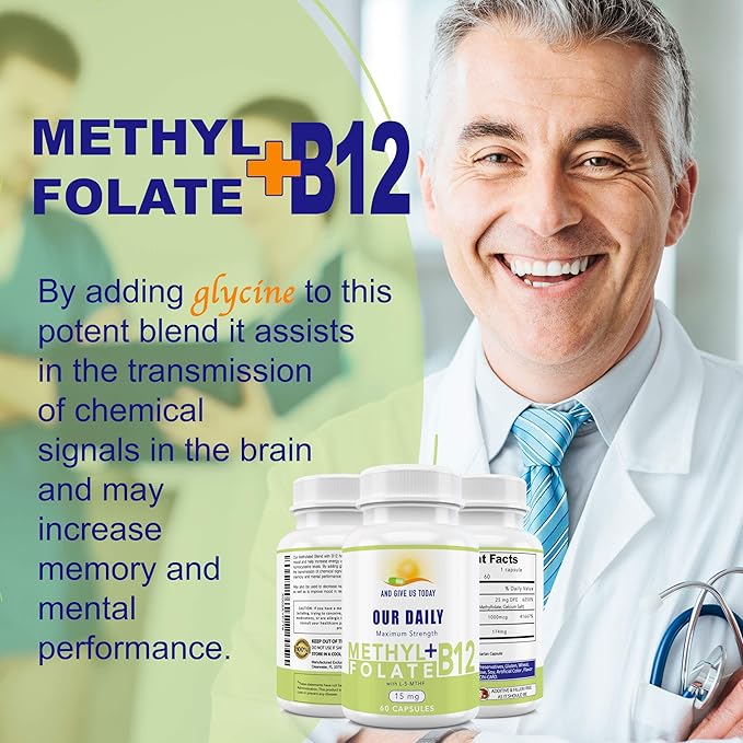 L-Methylfolate 15 mg + B 12 (1000 mcg) - 60 Capsules - Methylated & Glycine - Boost Mood, Energy & Memory - Immune Support & Vitamin Supplement for Men & Women - Non-GMO, Vegetarian Capsules