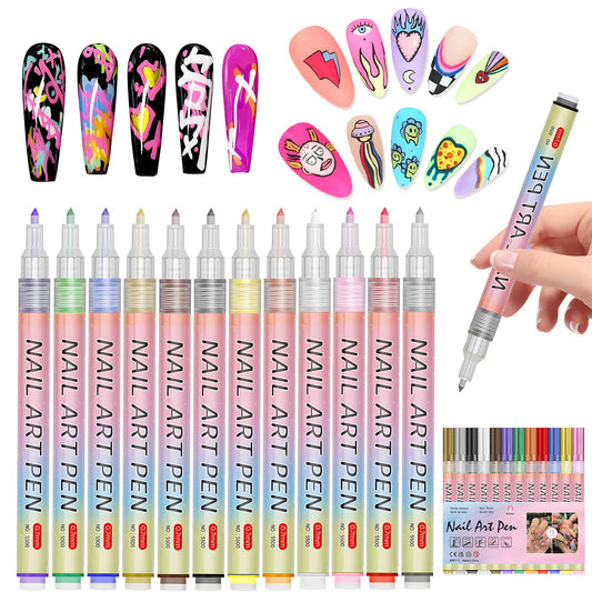 Gorvalin 3D Nail Art Pens for Nail Art, 12 Colors Quick Dry Nail Marker Pens Nail Point Dotting Pen Drawing Painting Liner Brush for Home Salon Nail Art