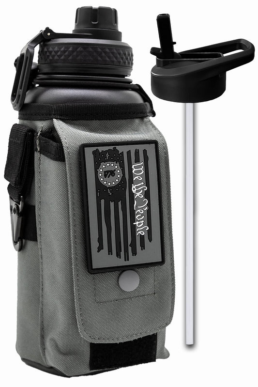 Iron Infidel Battle Bottle - 32 Oz Insulated Water Bottle with Straw Lid & Chug Cap, Stainless Steel Metal Tactical Flask with Rugged, Removable Sleeve for Keys & Phone or Wallet (Betsy Ross 1 Liter)