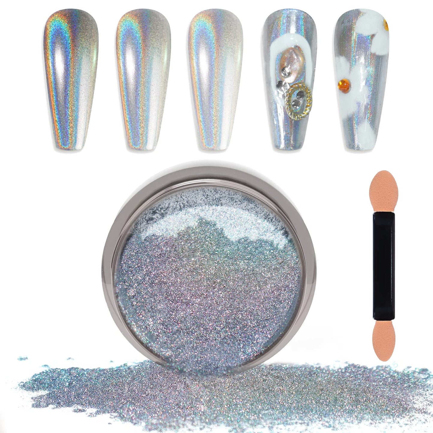 Laza Chrome Nail Powder Mirror Effect Metallic Dust Holographic Glitter Glazed Manicure Decoration Reflective Pigment for DIY Gel Polish Nail Art, Resin Craft, Gifts - Laser Silver