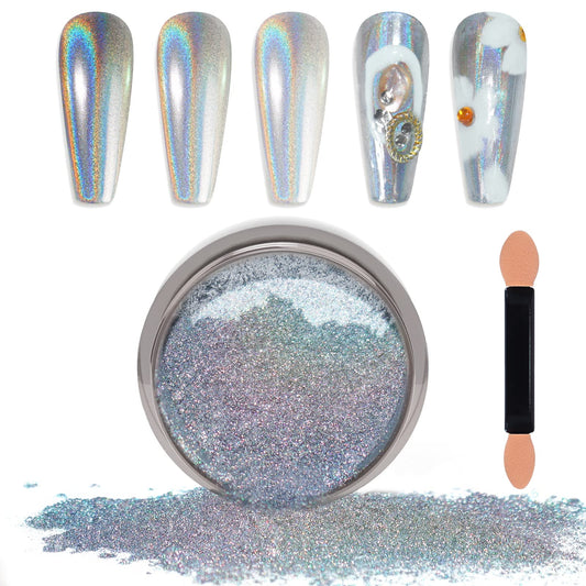 Laza Chrome Nail Powder Mirror Effect Metallic Dust Holographic Glitter Glazed Manicure Decoration Reflective Pigment for DIY Gel Polish Nail Art, Resin Craft, Gifts - Laser Silver