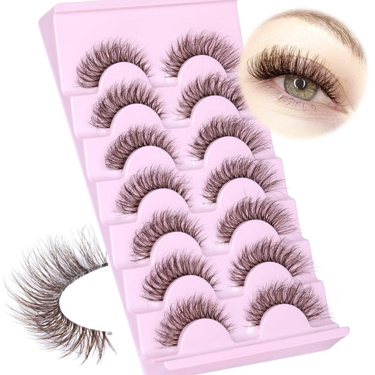 JIMIRE Brown False Eyelashes with Clear Band Fluffy 6D Lashes Brown Colored Lashes Natural Look Like Eyelash Extensions Soft Faux Mink Strip Eyelashes 7 Pairs Multipack