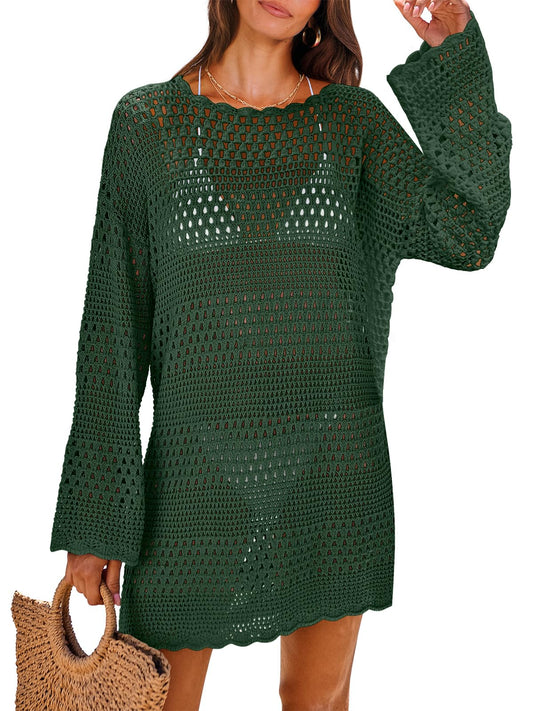 ANRABESS Women Swimsuit Crochet Swim Cover Up 2024 Summer Bathing Suit Swimwear Mesh Knit Beach Dress Vacation Outfits Deep Green Small