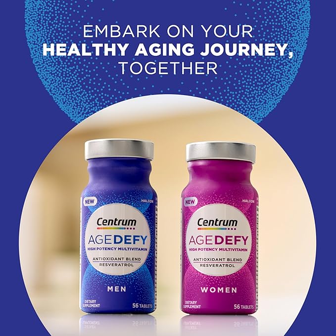 Centrum Age Defy for Men, All-in-1 High Potency Multivitamin + Healthy Aging Supplement, Multivitamin Blend with Resveratrol, and Niacin for NAD+ Level Support, Aluminium Bottle, 56 Tablets
