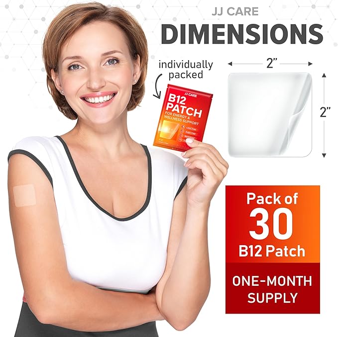 JJ CARE B12 Patch (Pack of 30), Self-Adhesive Natural Blend Topical Daily B12 Energy Patches, 1 Month Supply