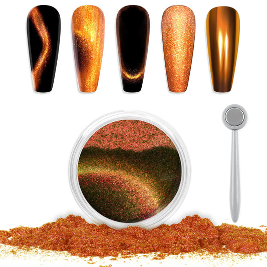 Laza Cat Eye Chrome Nail Powder Magnetic Powder 3D Cat Eye Effect Mirror Effect Pigment Dust Magic Galaxy Holographic Effect Glitter with Magnetic Stick for Velvet Nail Art - Copper