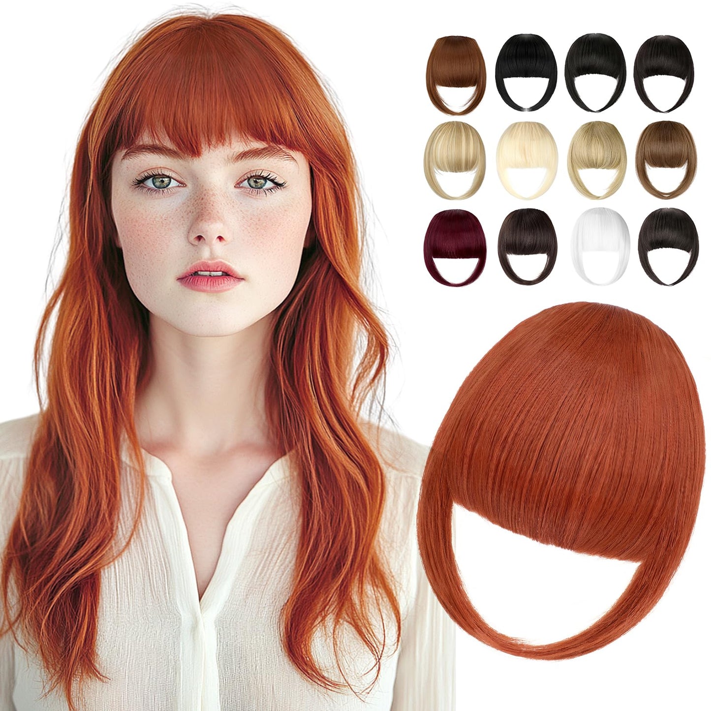 Cephermer Clip in Bangs, Synthetic French Bangs Hair Clip, Fake Bangs Fringe with Temples Hairpieces for Women Natural Curved Hair Extensions for Daily Wear Copper Red