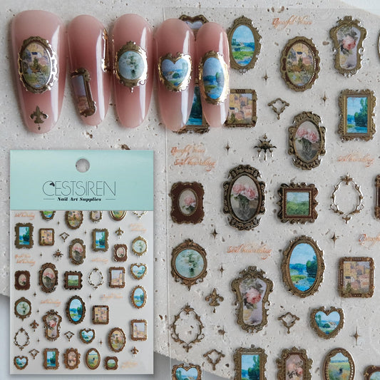 CESTSIREN Golden Frame Nail Art Stickers, Embossed Nail Decals,Vintage Nail Art Design, Self-Adhesive, Nail Accessories for Women,Aesthetic Nail Art Supplies