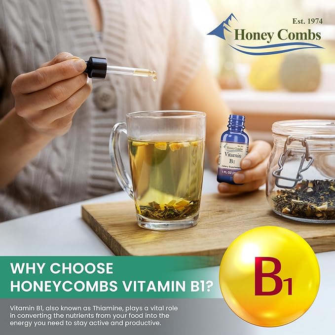 HoneyCombs Vitamin B1 Supplement (Thiamine) Liquid Drops - High Potency Thiamine B1 Supplement for Men & Women - Maintain Nervous System, Energy & Overall Health - Vegan Liquid B Vitamins (1 Fl oz)