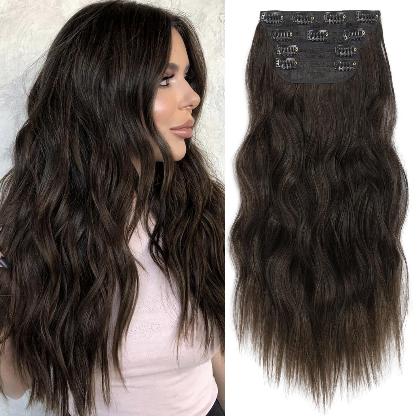 KooKaStyle Clip in Synthetic Hair Extensions Long Wavy 4PCS Thick Hairpieces Dark Walnut Brown Fiber Double Weft Natural Hair Extensions 20 Inch for Women