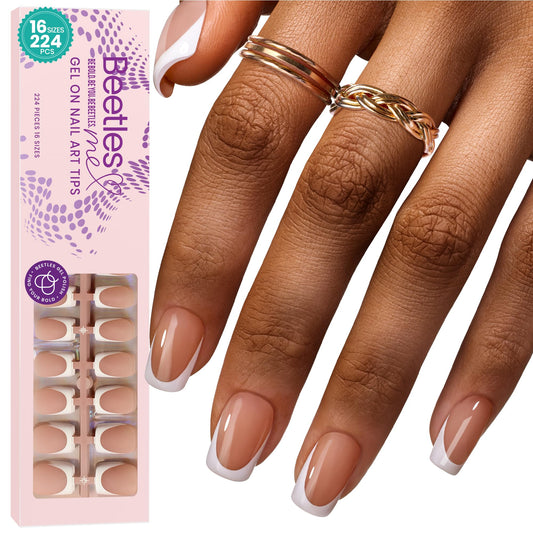 Beetles French Tip Press on Nails Short Square Brown Color, 224pcs 16 Sizes Press on nails White French 4 in 1 Gel Nail Tips, DIY Nail Art Salon Quality Manicure Gift for Girls No File Need