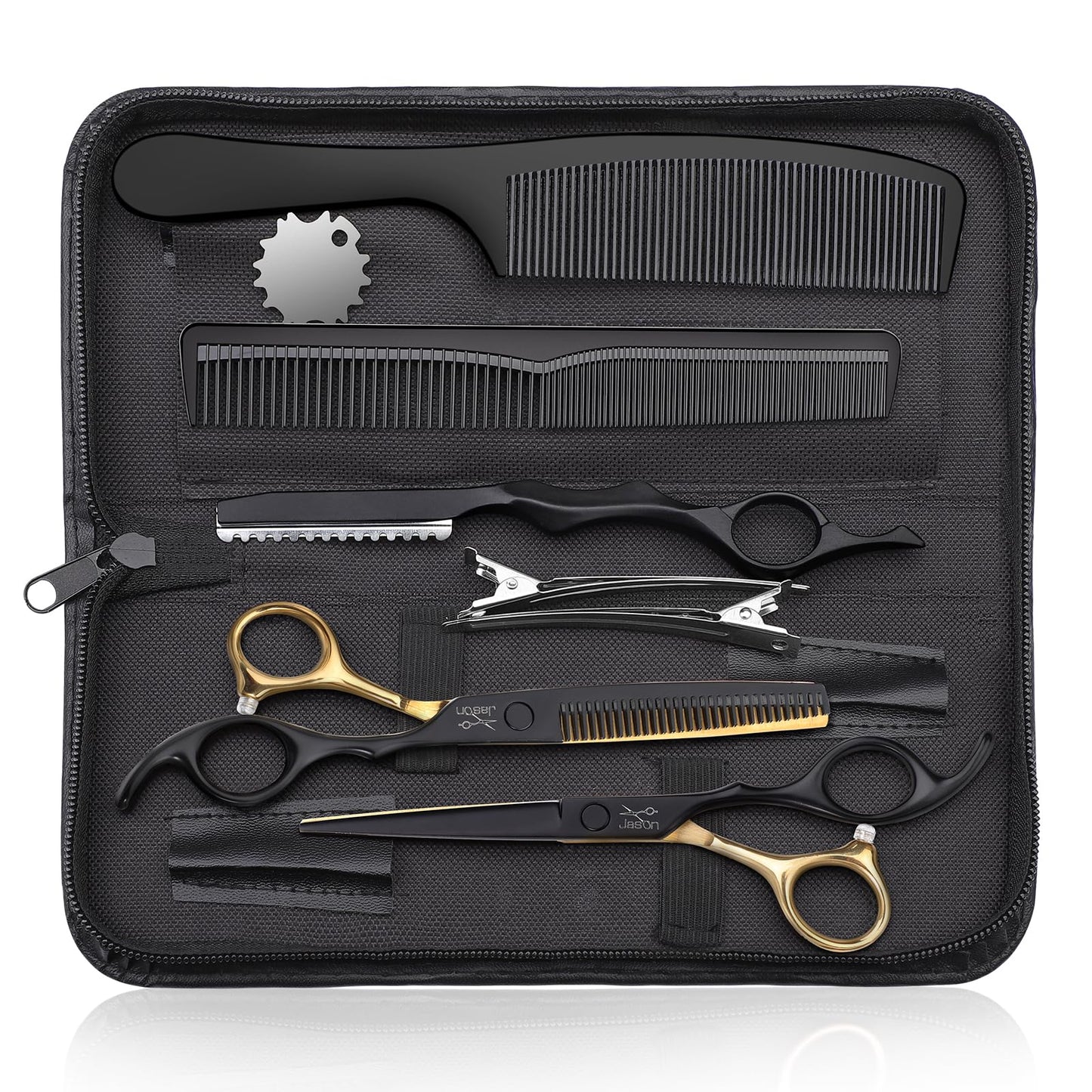 JASON Hair Cutting Scissors Kit - Professional 10 PCS Haircut Scissors Set with 6.5" Thinning/Texturizing Scissors, Straight Shears for Men Women Home Salon Barber (30 Teeth, Black & Gold)
