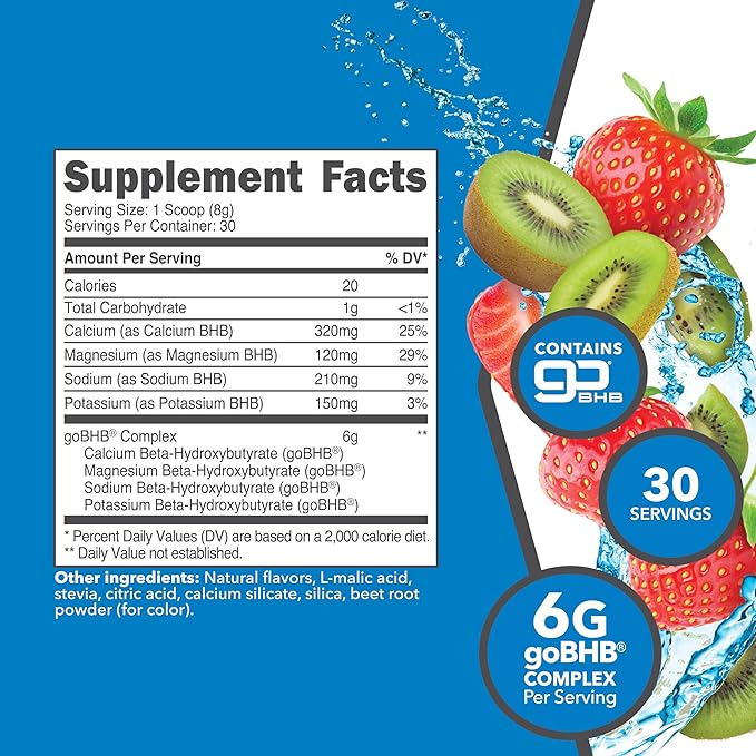 Ketologic Keto BHB (Strawberry Kiwi Flavor) 30 Servings - Exogenous Ketone Supplement with goBHB, Beta-Hydroxybutyrate Salts