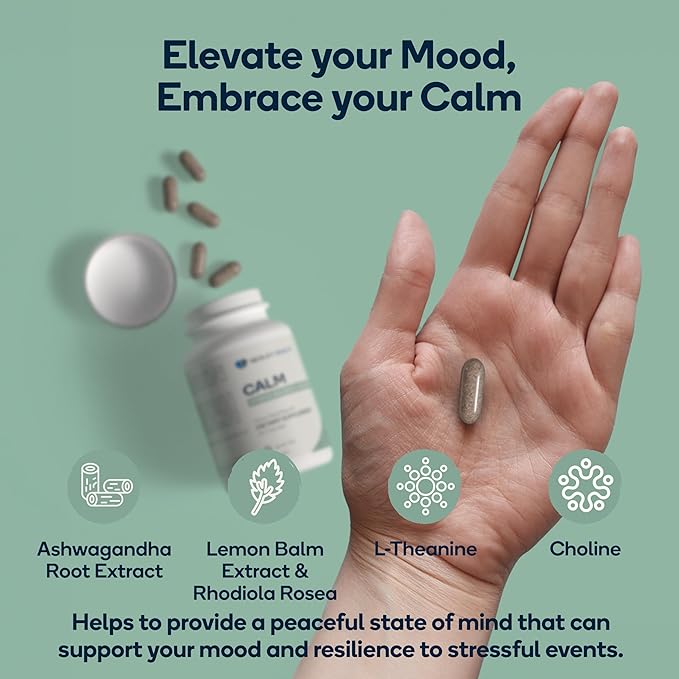 Calm - Natural Stress Relief & Mood Support Supplement - Ashwagandha, Lemon Balm, L-Theanine - 60 Vegan Capsules (Calm)