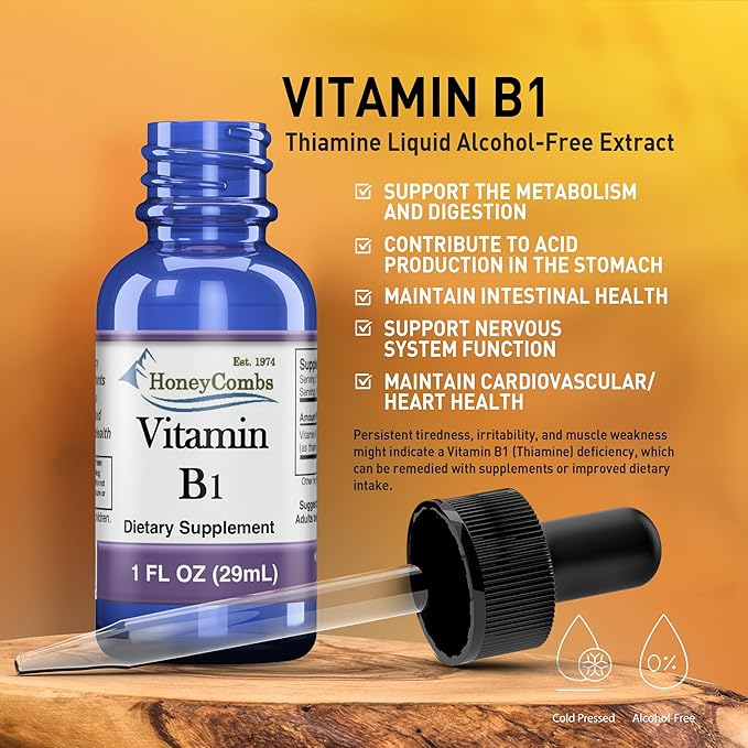 HoneyCombs Vitamin B1 Supplement (Thiamine) Liquid Drops - High Potency Thiamine B1 Supplement for Men & Women - Maintain Nervous System, Energy & Overall Health - Vegan Liquid B Vitamins (1 Fl oz)