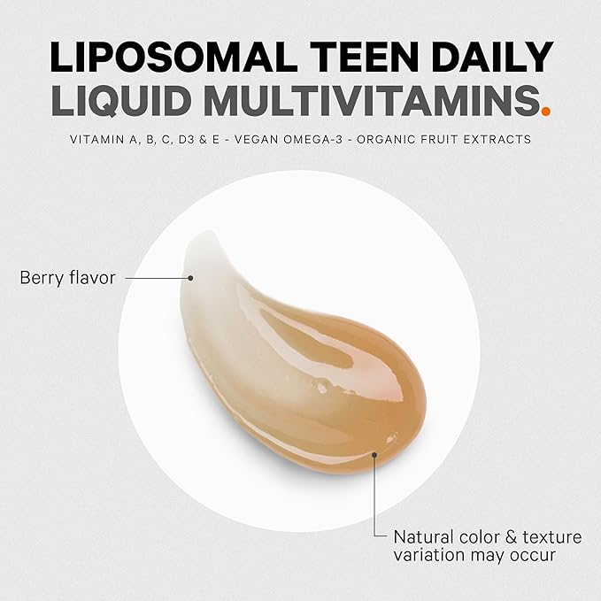 Codeage Multivitamins For Teens, Liquid Vitamin C for Teenagers, Vitamin A B6 B12 D3 E For Kids, Biotin Zinc Omega-3 Folate, Liposomal Vitamins Supplement, One Daily Sachet, Vegan, Non-GMO, 30 Pouches
