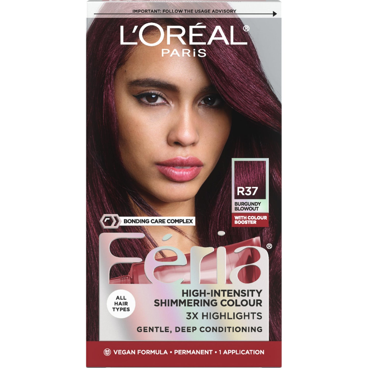 L'Oreal Paris Feria Multi-Faceted Shimmering Permanent Hair Color, R37 Blowout Burgundy (Deep Burgundy), Pack of 1, Hair Dye