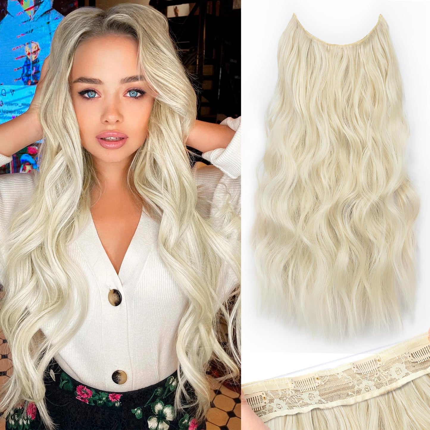 KooKaStyle Invisible Wire Hair Extensions with Transparent Wire Adjustable Size 4 Secure Clips Long Wavy Secret Hairpiece 20 Inch Platinum Blonde for Women