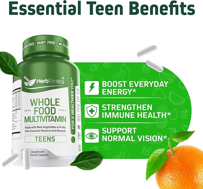 Herbtonics Whole Food Teen Vitamins for Energy, Focus & Immune Support - Multivitamin for Teenage Boys & Girls (12-18) with 62 Superfoods - Vegan, Plant Based, Non-GMO - 60 Easy Swallow Capsules