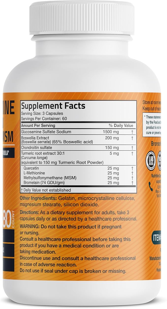 Bronson Glucosamine Chondroitin Turmeric & MSM Advanced Joint & Cartilage Formula, Supports Healthy Joints, Mobility & Cartilage - Non-GMO, 180 Capsules