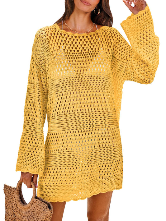 ANRABESS Women Swimsuit Crochet Swim Cover Up 2024 Summer Bathing Suit Swimwear Mesh Knit Beach Dress Vacation Outfits Yellow Small