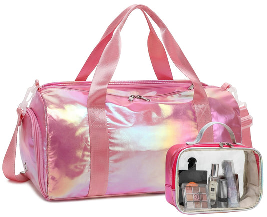 Gym Bag Sports Duffle Bag with Wet Pocket Weekender Overnight Bag with Waterproof Shoe Pouch and Air Hole for Girls Kids Women Travel Foldable Bag