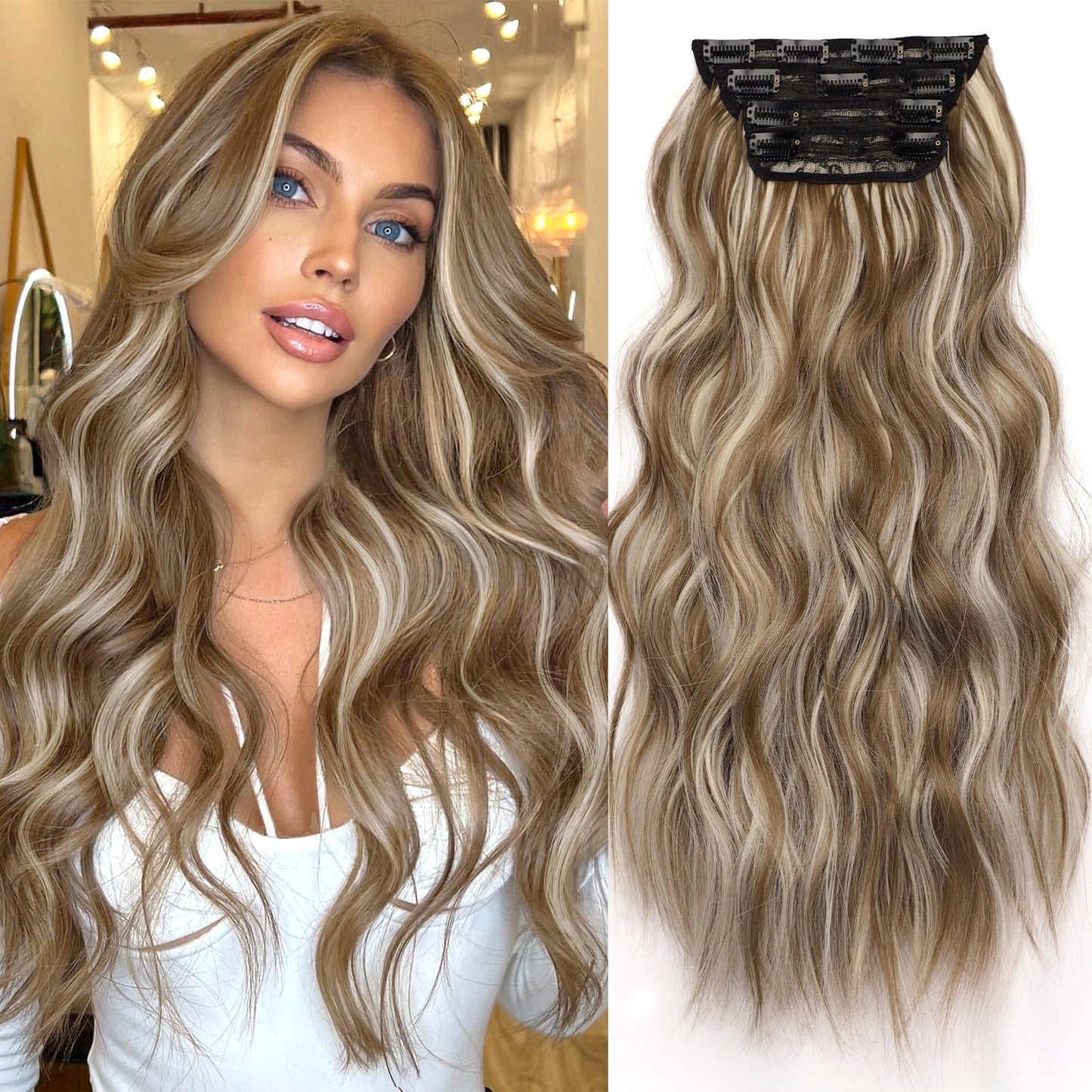 KooKaStyle Clip in Synthetic Hair Extensions Long Wavy 4PCS Thick Hairpieces Brown mix Ash Blonde P10/88 Fiber Double Weft Natural Hair Extensions 20 Inch for Women