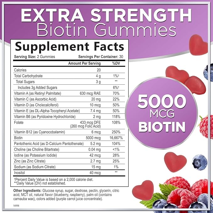 Hair Vitamins Gummy with Biotin 5000 mcg, Hair Growth Support with Vitamins E & C, Non-GMO & Gluten Free, Thicker, Stronger & Beautiful Hair, Skin & Nails, Hair Vitamin for Women & Men - 60 Gummies