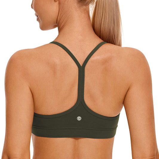 CRZ YOGA Butterluxe Womens Y Back Sports Bra - Padded Racerback Low impact Spaghetti Thin Strap Workout Yoga Bra Olive Green X-Small