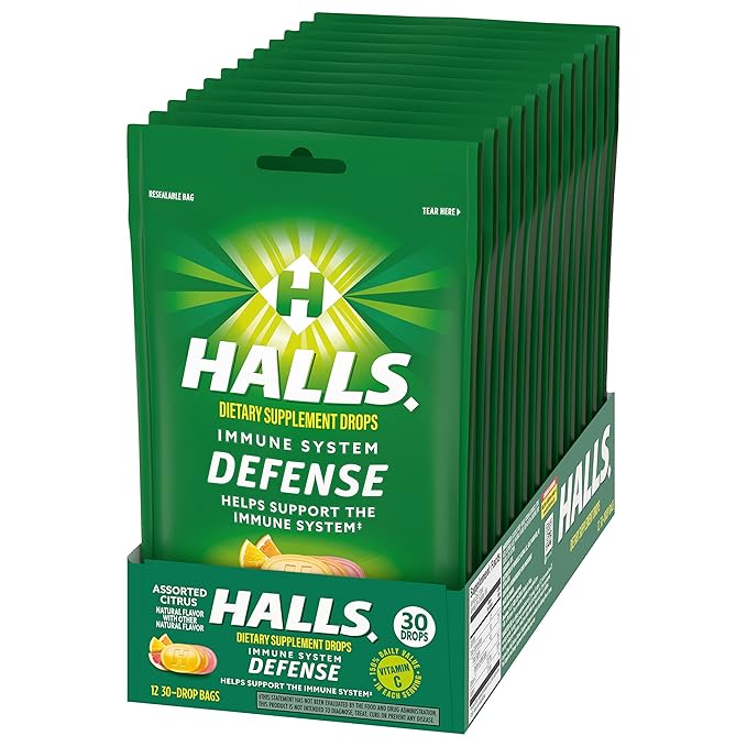 HALLS Defense Assorted Citrus Vitamin C Drops, Dietary Supplement Drops, 12 Bags of 30 Drops (360 Total Drops)