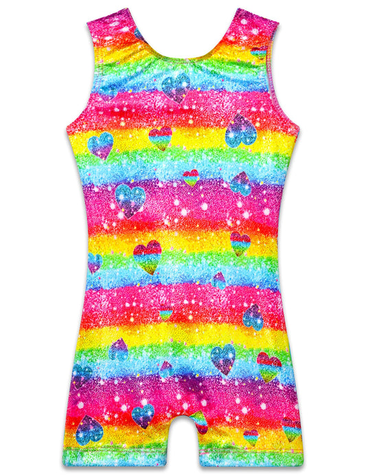 Leotard for Girls Gymnastics Outfit Size 6-7 Years Old Sparkly Rainbow Hearts Print Tank Tumbling Biketard Unitards