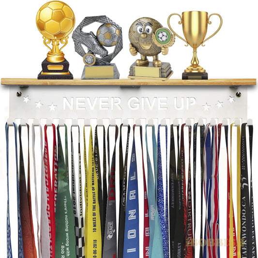 iBobbish Premium White Trophy and Medal Display Shelf 16inchL,Metal Trophy Shelf with 20 hooks Upgraded,Large Trophy Board Display,Sturdy trophy shelf with hooks for medals trophies