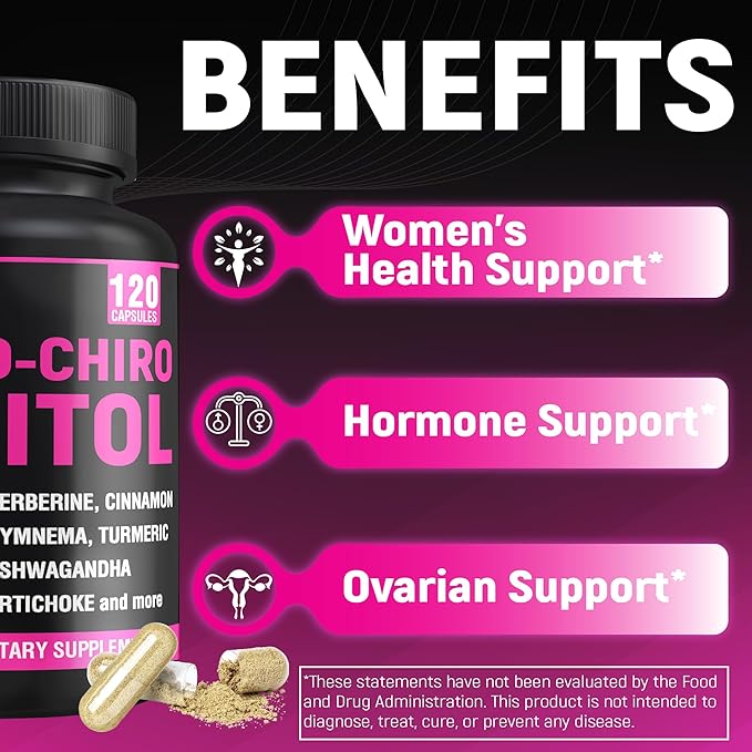 Inositol Supplement - Myo-Inositol and D-Chiro Inositol Plus Ashwagandha, Berberine, Cinnamon and 5 Mores - 120 Capsules