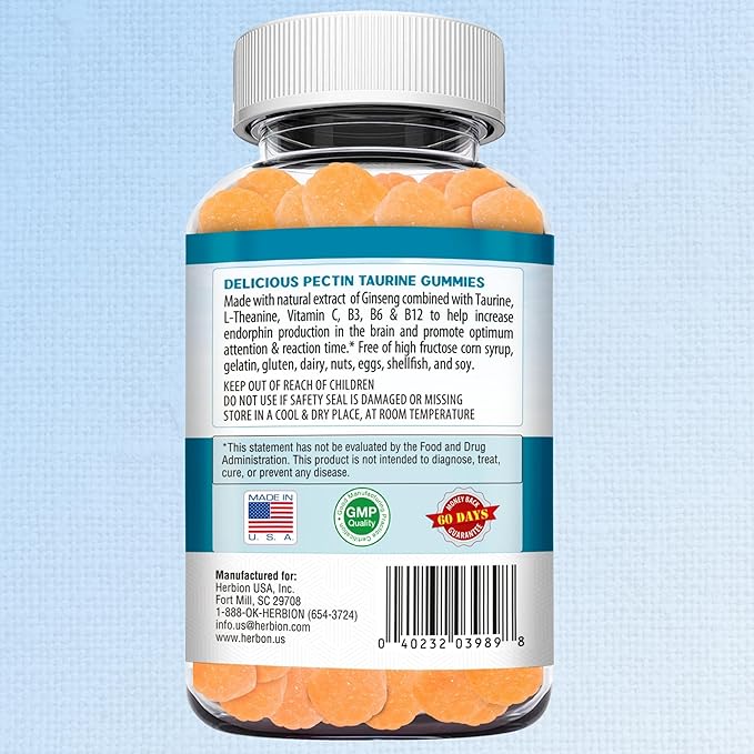 HERBION Naturals Taurine Gummies with Ginseng, L-Theanine, Vitamin C, B3, B6, & B12, Helps Support Mental Clarity & Concentration*, Natural Peach Flavor, Gluten-Free, 60 Pectin Gummies, Made in USA