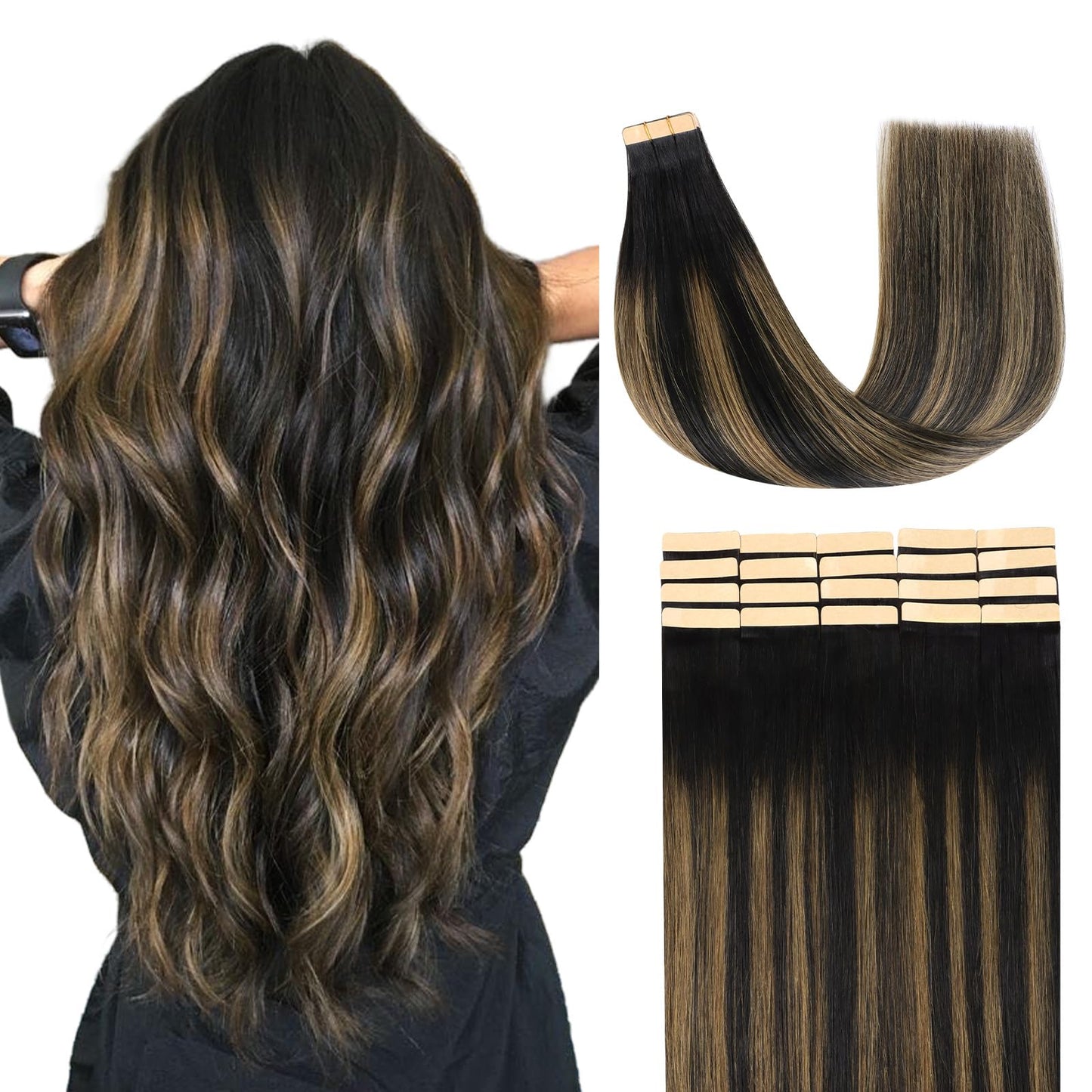 Lashey Tape in Hair Extensions Human Hair 50g 20pcs Straight Tape in Hair Extensions 18 Inch Natural Black Mixed Chestnut Brown Invisible Double-Side Tape in Extensions