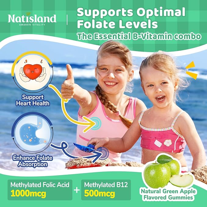 L Methylfolate Gummies, 5-MTHF 1mg Gummies for Kids & Adults - 4+, Methyl Folate and B12 supplement, Highly Absorbable MTHFR Supplement, Support Brain Health, Immunity, Kids Growth, 60 Count