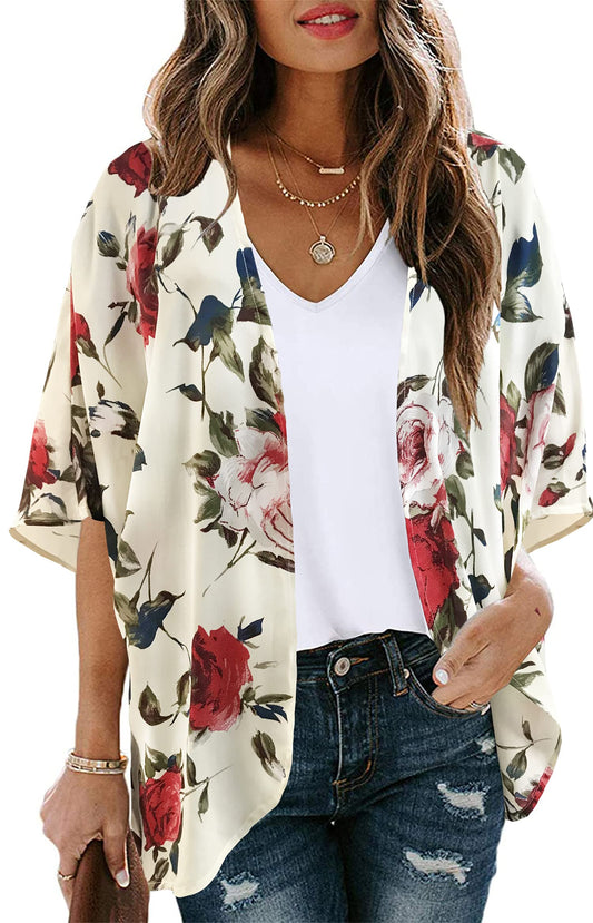 Kimono Cardigans for Women Floral Print 3/4 Sleeve Loose Cover Up Casual Blouse Tops (Beige,S)
