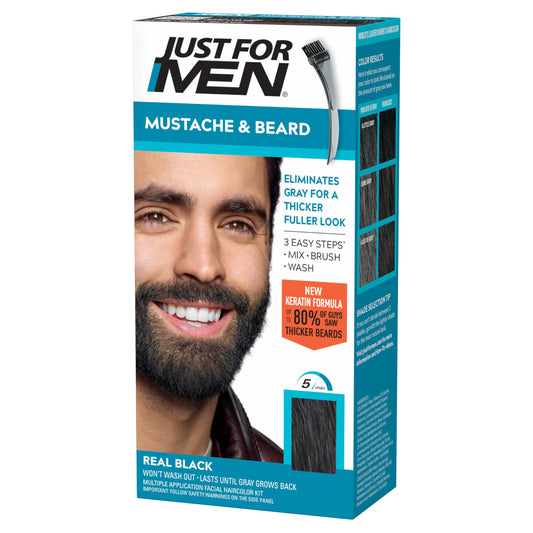 Just For Men Mustache & Beard, Beard Dye for Men with Brush Included for Easy Application, With Biotin Aloe and Coconut Oil for Healthy Facial Hair - Real Black, M-55, Pack of 1 (Packaging May Vary)