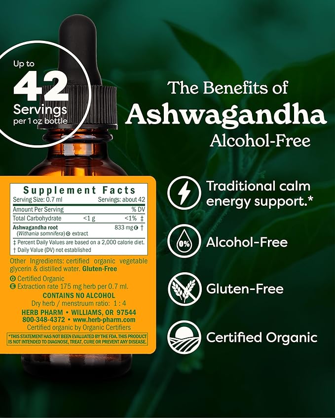 Herb Pharm Organic Ashwagandha Liquid Extract, Alcohol-Free: Mood Support Supplement, Vegan Ashwagandha Root Glycerite, Tasty Non-Bitter Adaptogen Extract for Adults, Non-GMO, 1 Oz