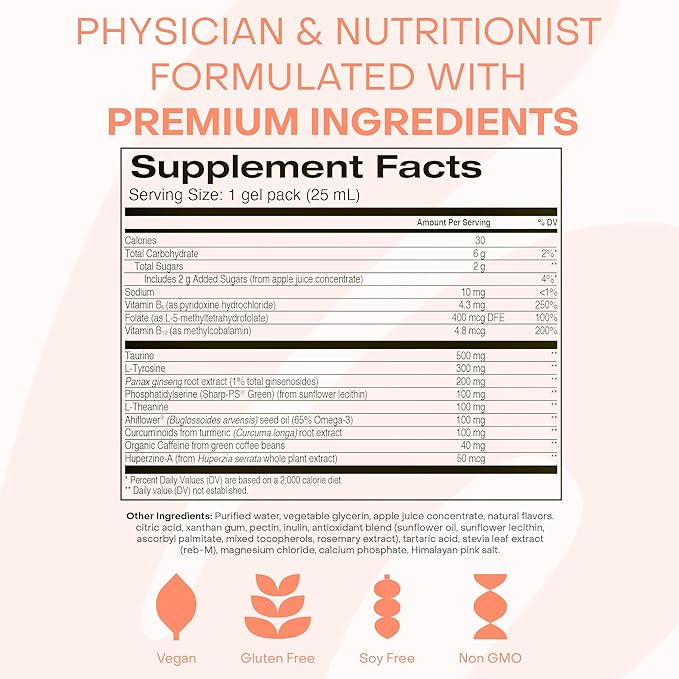 Healthycell Focus & Recall, Daily Liquid Brain Supplement for Focus & Memory - Nootropics Supplement for Concentration & Alertness with L-Theanine, Omega-3 & Taurine - 14 Gel Packs