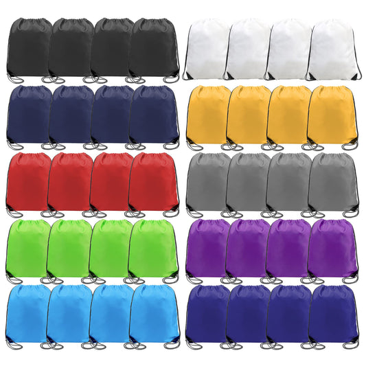 BeeGreen 40 Pieces Drawstring Backpack Bulk Wholesale Black White Blue Purple, String Bags for Christmas Party Gym Sport Trip, Cinch Sack DIY for Women and Men
