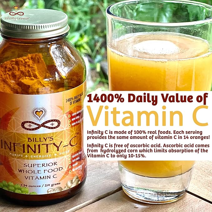 Infinity-C Organic Vitamin C Powder, Bioavailable VIT C from Acerola, Camu Camu & Amla, Whole Food Vitamin C 1000mg, Immune Support Superfoods, Shilajit, Astragalus Root & Ginger (30 Servings)