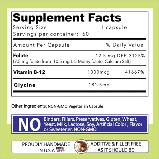 L-Methylfolate 7.5 mg + B 12 (1000 mcg) - 60 Capsules - Methylated & Glycine - Boost Mood, Energy & Memory - Immune Support & VItamin Supplement for Men & Women - Non-GMO, Vegetarian Capsules